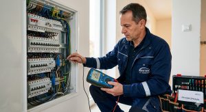 Profesionální revizní technik provádí revizi elektroinstalace v rozvaděči novostavby pomocí měřicího přístroje.