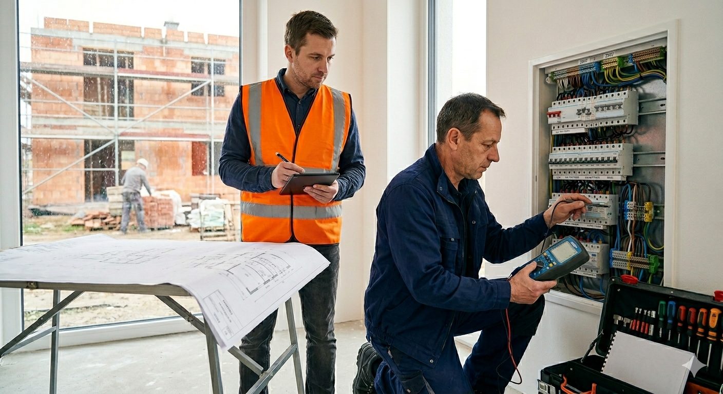 Stavební dozor v oranžové vestě s tabletem v ruce a revizní technik v modré uniformě s měřicím přístrojem společně na stavbě rodinného domu.