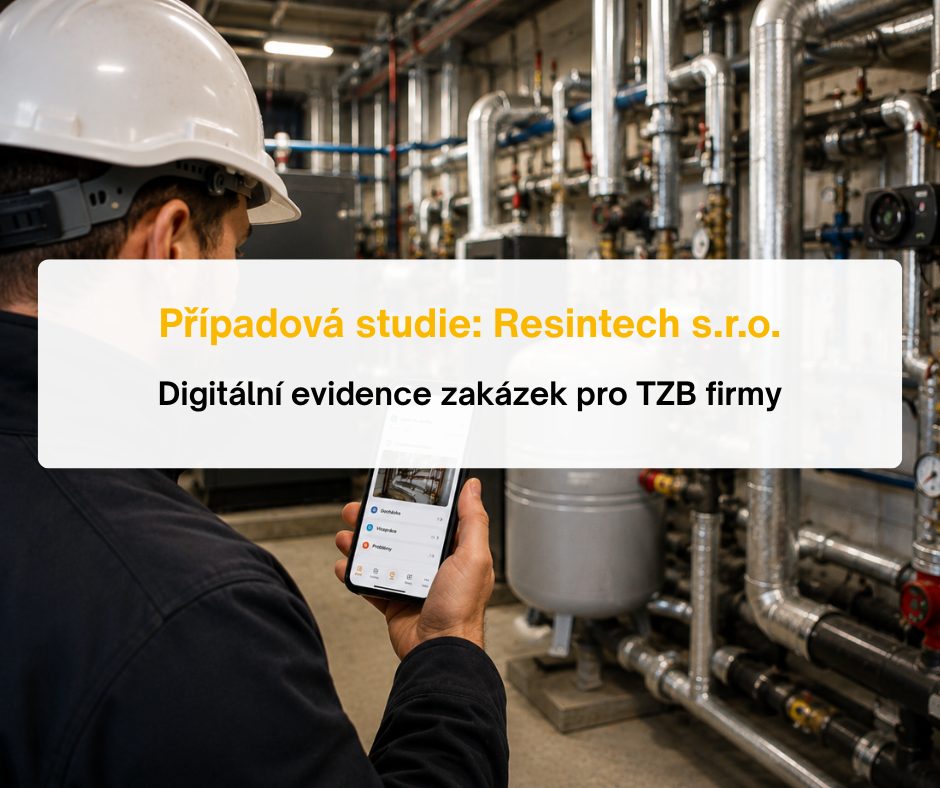 Případová studie Resintech s.r.o. – Digitální evidence zakázek pro TZB firmy. Technik v bílé přilbě používá mobilní aplikaci v kotelně s rozvody potrubí.