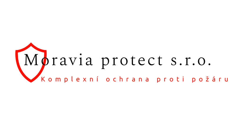 Logo společnosti Moravia Protect s.r.o. s červeným štítem a sloganem „Komplexní ochrana proti požáru“